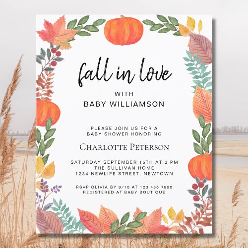 Budget Fall in Love Pumpkin Baby Shower Invitation