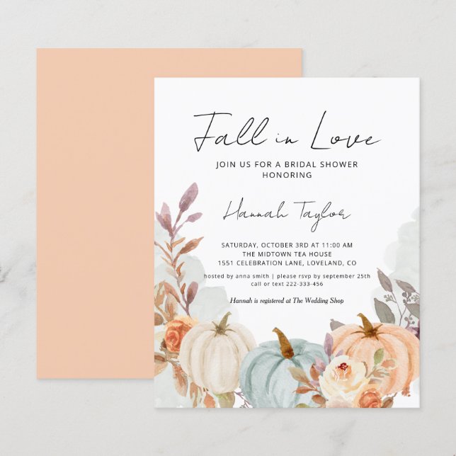 Budget Fall in Love Pumpkin Bridal Shower Invite (Front/Back)