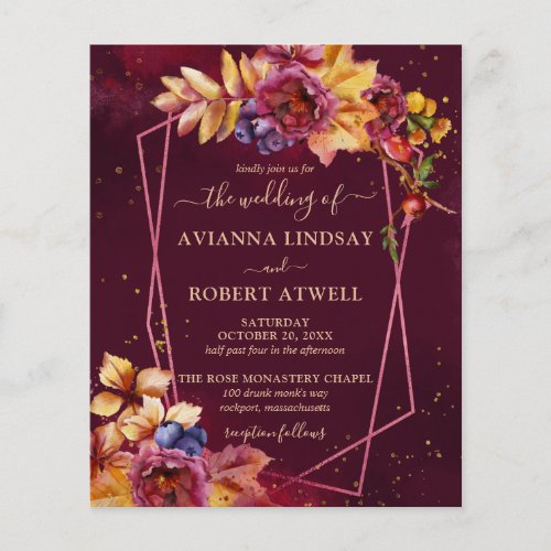 Budget Fall Leaves Flowers Burgundy Wedding Invite