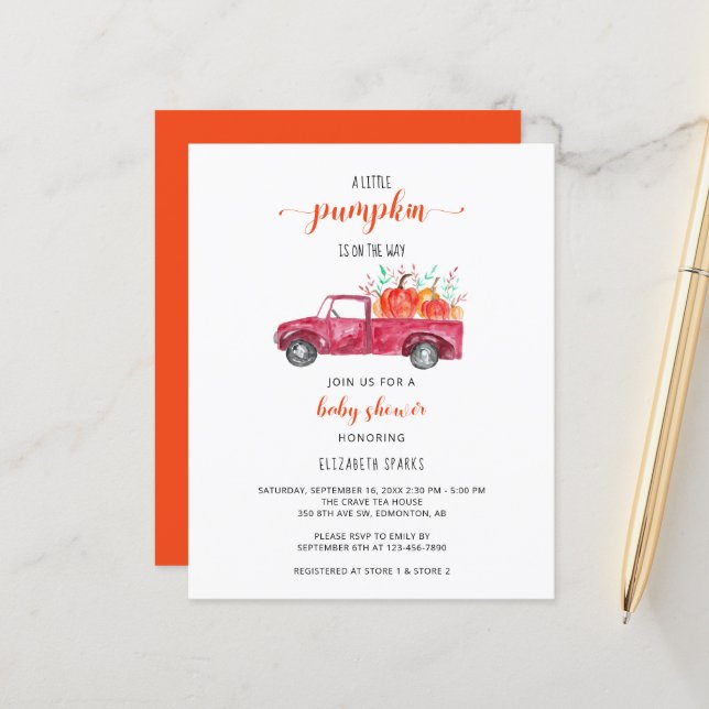 Budget Fall Little Pumpkin Baby Shower Red Truck (Front/Back In Situ)