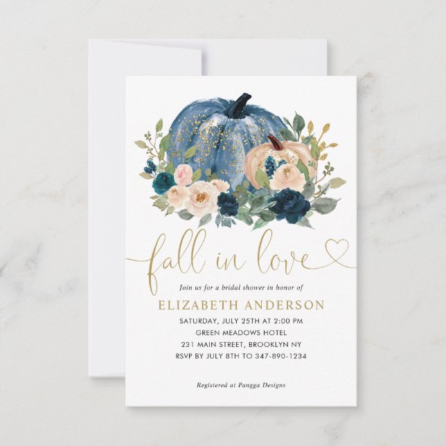 Budget Fall Love Blue Floral Pumpkin Bridal Shower Note Card (Front)