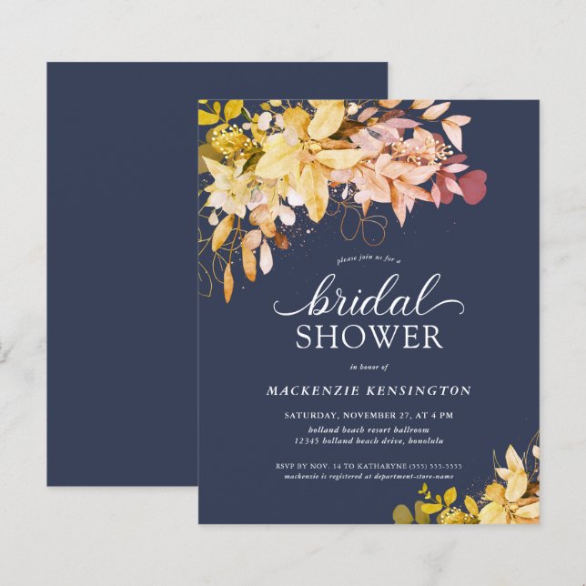 BUDGET Fall Navy Blue Gold Floral Bridal Shower (Front/Back)