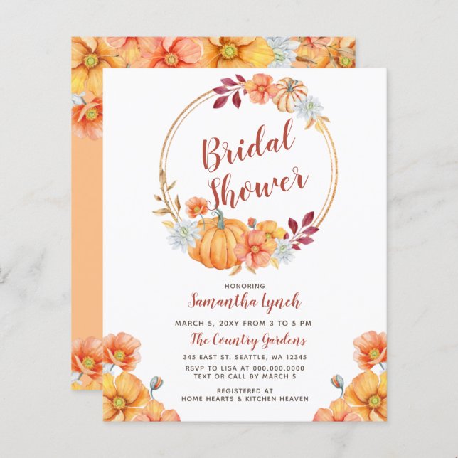 Budget Fall Pumpkin Bridal Shower Invitation (Front/Back)