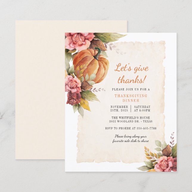Budget Fall Rustic Pumpkin Thanksgiving Invitation (Front/Back)