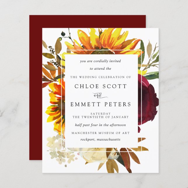 Budget Fall Sunflowers Burgundy Wedding Invitation (Front/Back)