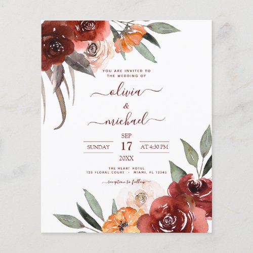 Budget Fall Wedding Burgundy Floral Flyer