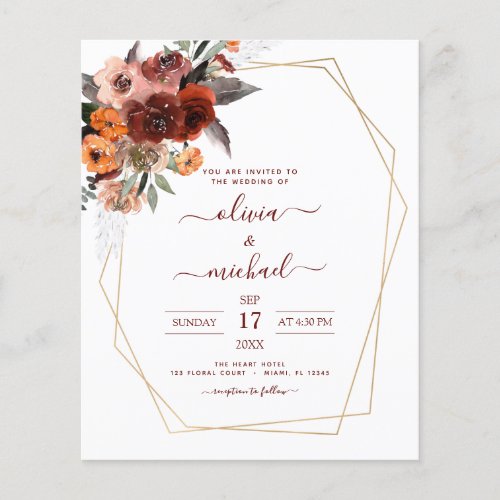 Budget Fall Wedding Burgundy Gold Floral Flyer