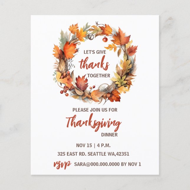 Budget Fall Wreath Thanksgiving Dinner Invitation (Front)