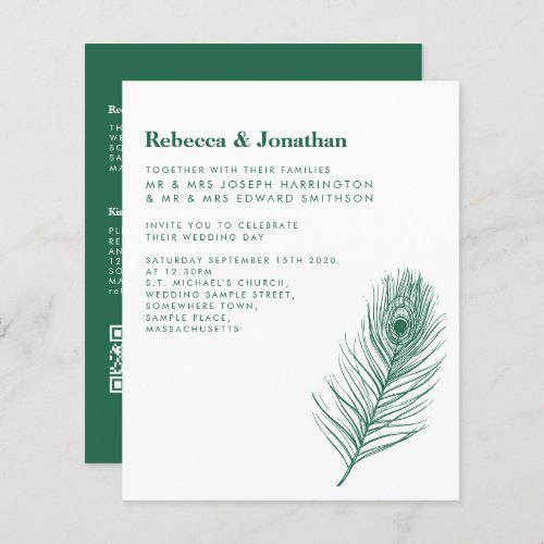 Budget Feather Emerald Green Wedding Invitation