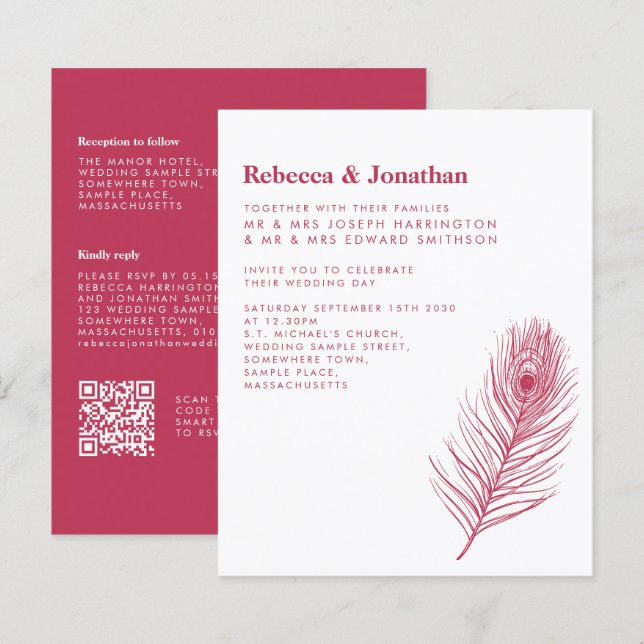 Budget Feather Magenta Pink Wedding Invitation (Front/Back)