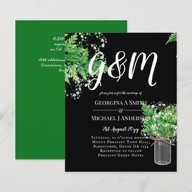 BUDGET Ferns Greenery Black Wedding Invite (Front/Back)