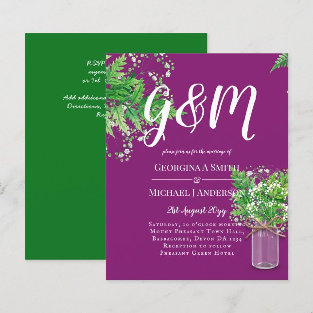 BUDGET Ferns Greenery Magenta Wedding Invite (Front/Back)
