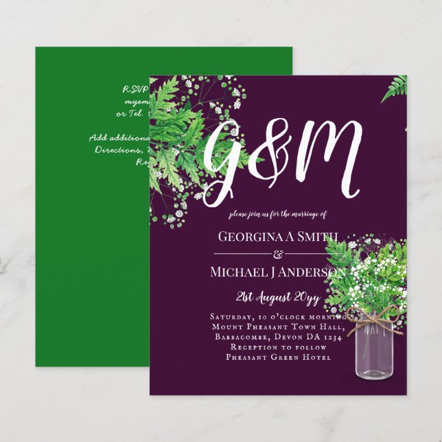 BUDGET Ferns Greenery Plum Wedding Invite (Front/Back)