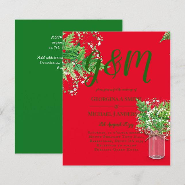 BUDGET Ferns Greenery Red Wedding Invite (Front/Back)
