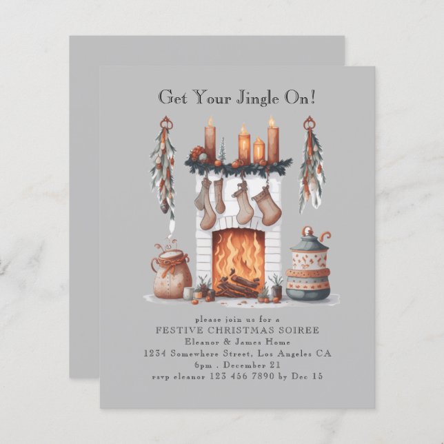 Budget Festive Fireplace Christmas Party Invite (Front/Back)