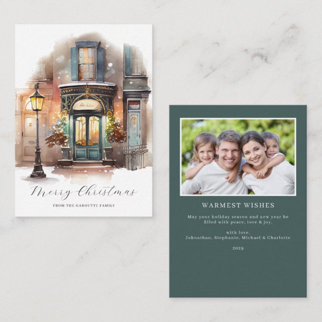 Budget Festive Watercolor Holiday Photo Christmas Note Card (Front/Back)