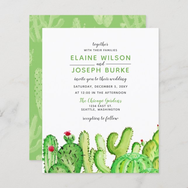 Budget Fiesta Cactus Green Wedding Invitation (Front/Back)