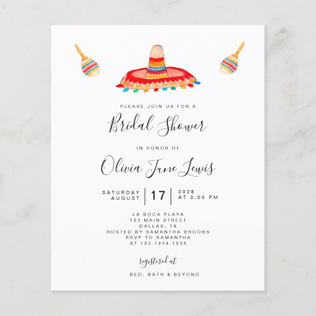 Budget Fiesta Sombrero Bridal Shower Invitation  (Front)