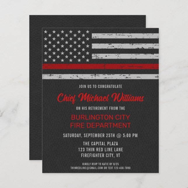 Budget Firefighter Retirement Thin Red Line Invite (Front/Back)