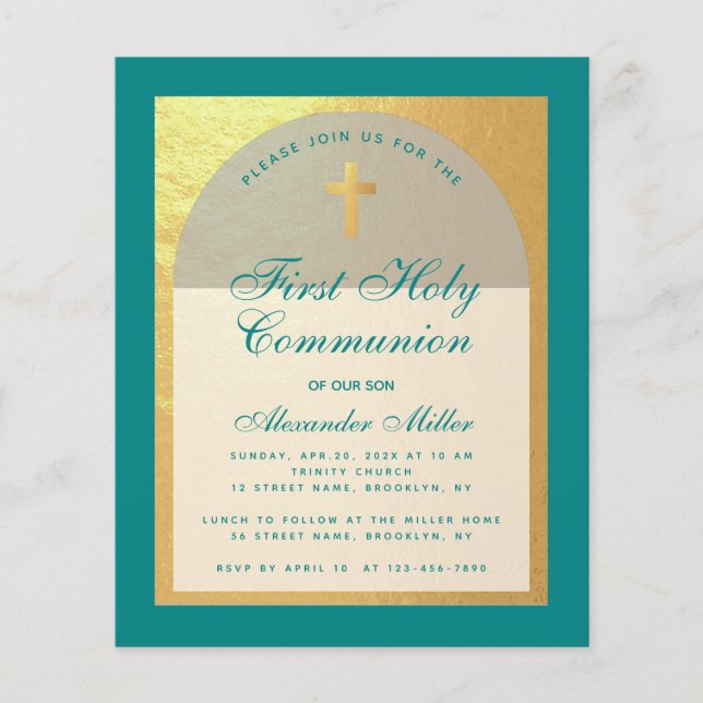 Budget First Communion Faux Gold Teal Invitation (Front)