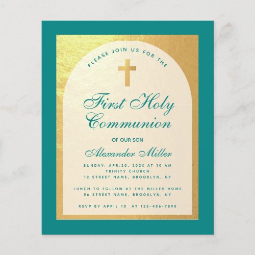 Budget First Communion Faux Gold Teal Invitation