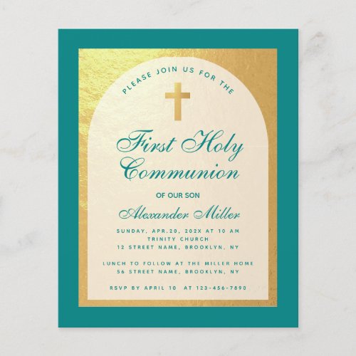 Budget First Communion Faux Gold Teal Invitation