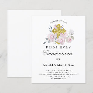 Budget First Communion Pink Floral Invitation