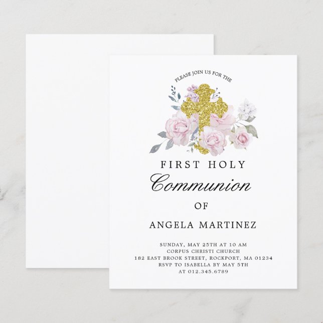 Budget First Communion Pink Floral Invitation (Front/Back)