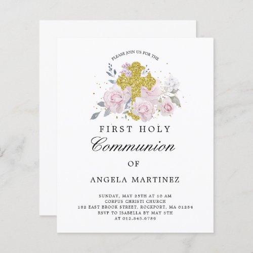 Budget First Communion Pink Floral Invitation