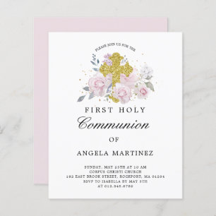 Budget First Communion Pink Floral Invitation