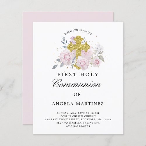 Budget First Communion Pink Floral Invitation