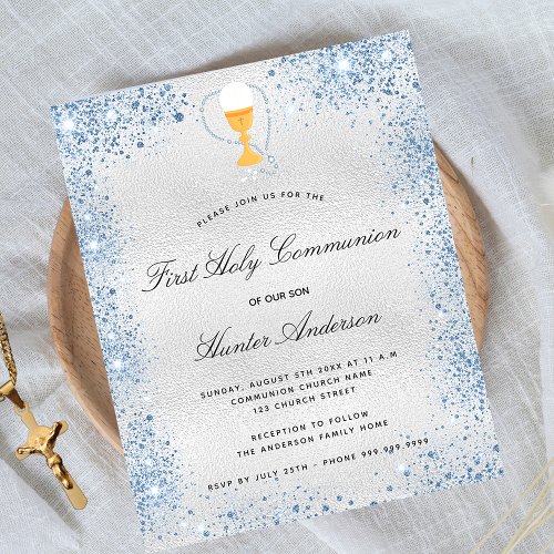 Budget first communion silver blue invitation