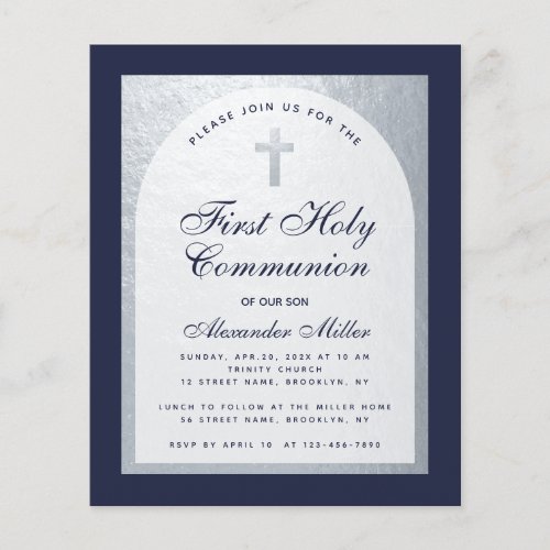 Budget First Communion Silver Navy Blue Invitation