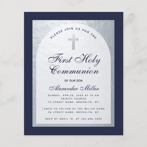 Budget First Communion Silver Navy Blue Invitation