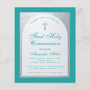 Budget First Communion Teal Blue Silver Invitation