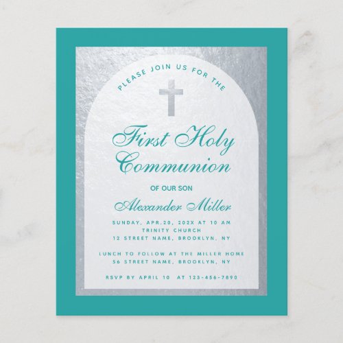 Budget First Communion Teal Blue Silver Invitation