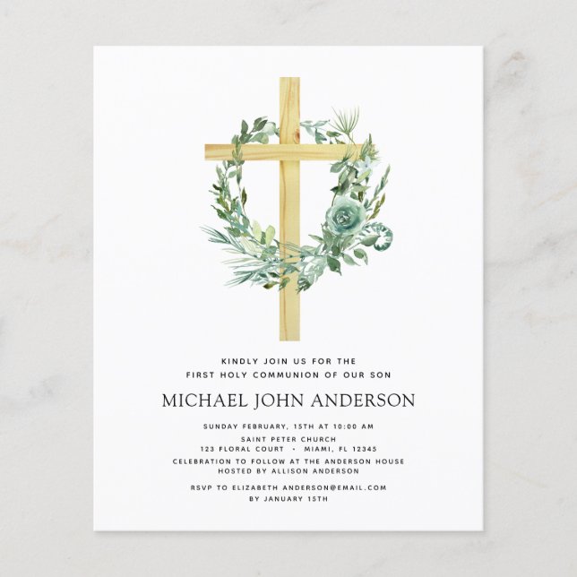 Budget First Holy Communion Eucalyptus Invitation Flyer (Front)
