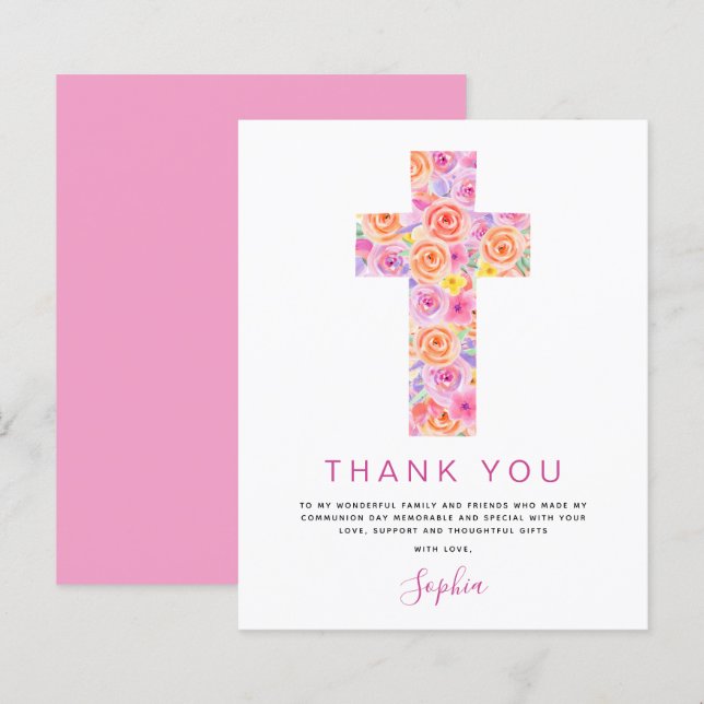 Budget First Holy Communion Thank You Floral Pink (Front/Back)