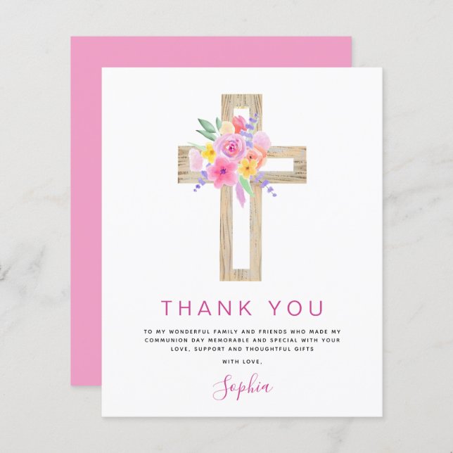 Budget First Holy Communion Thank You Floral Pink (Front/Back)