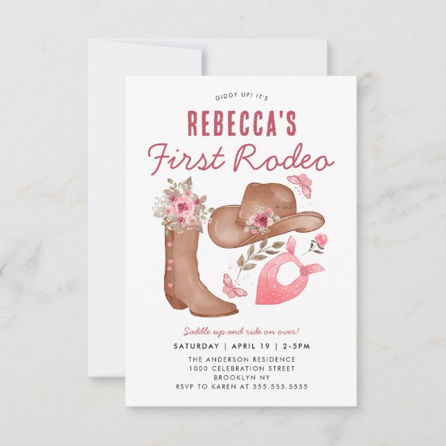 Budget First Rodeo Blush Pink Cowgirl 1st Birthday Note Card (Front)