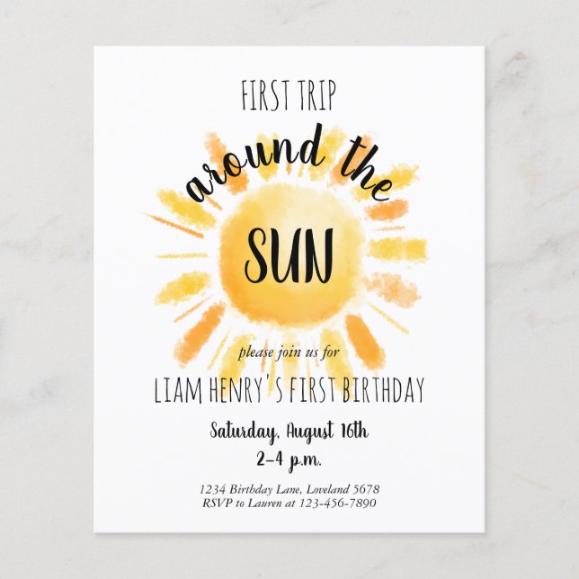 Budget First Trip Around The Sun Party Invitation (Front)
