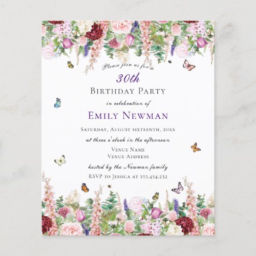 Budget Floral 30th Birthday Party Invitation