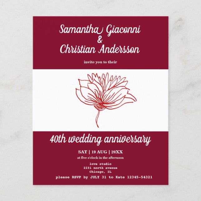 Budget Floral 40th Wedding Anniversary Invitation (Front)