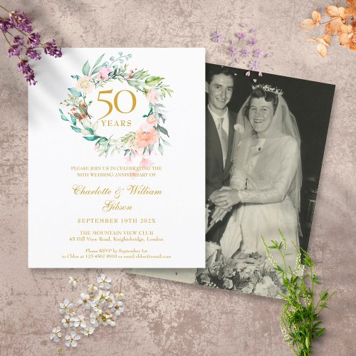 Budget Floral 50th Anniversary Photo Invitation