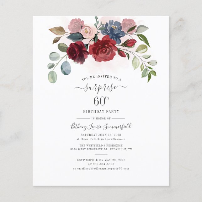 Budget Floral 60th Birthday Eucalyptus Invitation (Front)