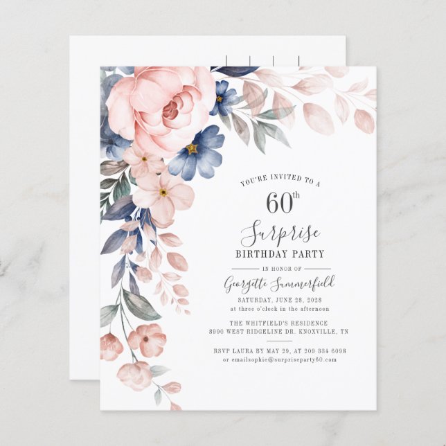 Budget Floral 60th Birthday Pink Script Invitation (Front/Back)