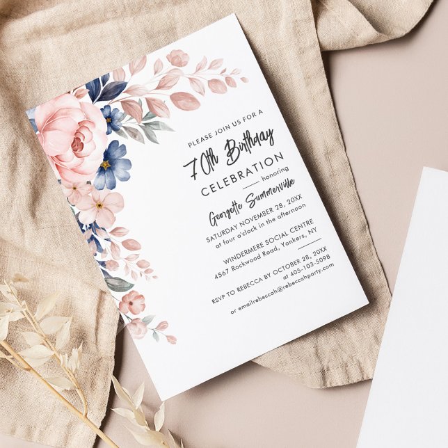 Budget Floral 70th Birthday Party Invitation (70th Birthday Pink Floral Party Invitation)