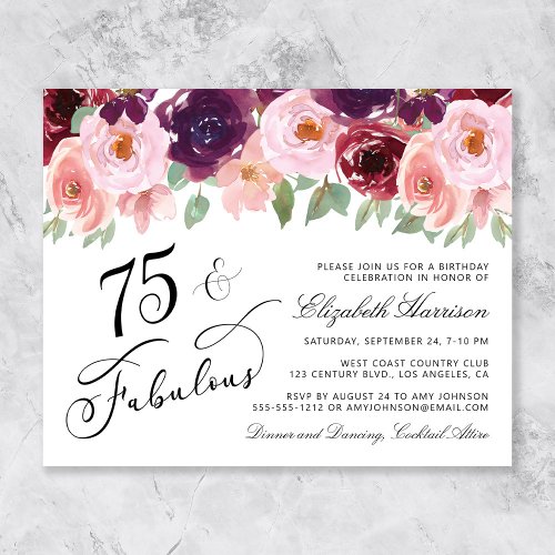 Budget Floral 75th Birthday Party Invitation