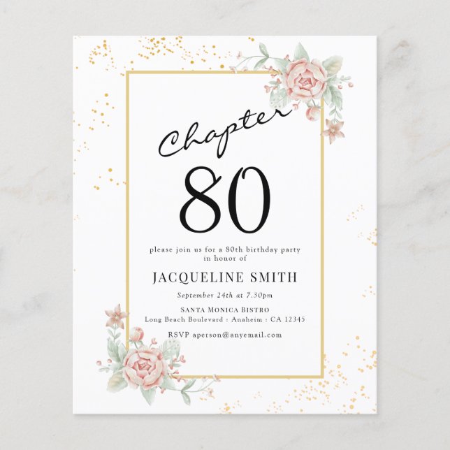 Budget Floral 80th Birthday Invitation Flyer (Front)