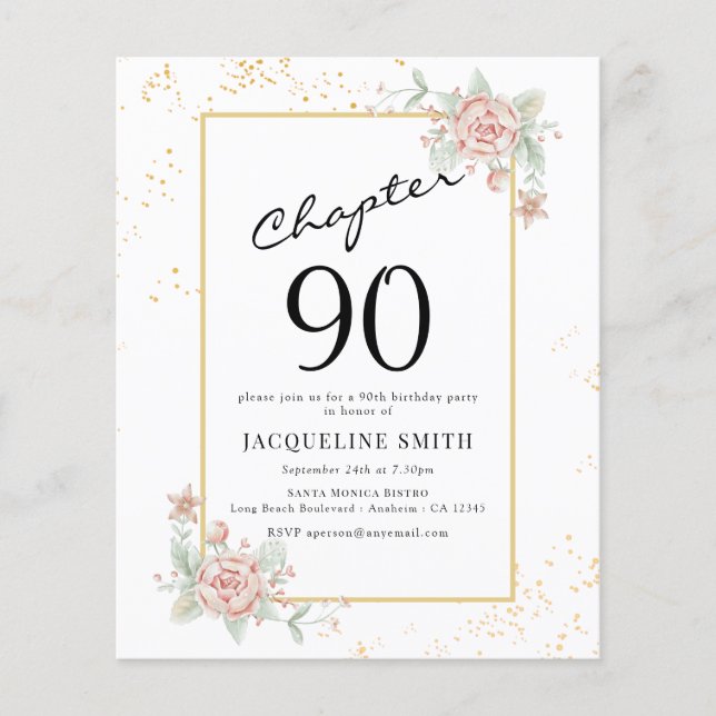 Budget Floral 90th Birthday Invitation Flyer (Front)